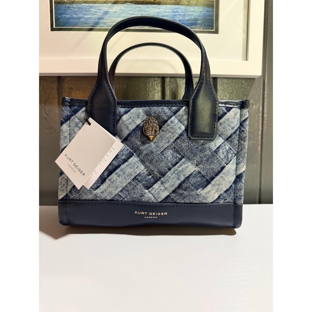NWT Kurt Geiger London XS Kensington Square Tote Denim Weave Crossbody Bag Blue